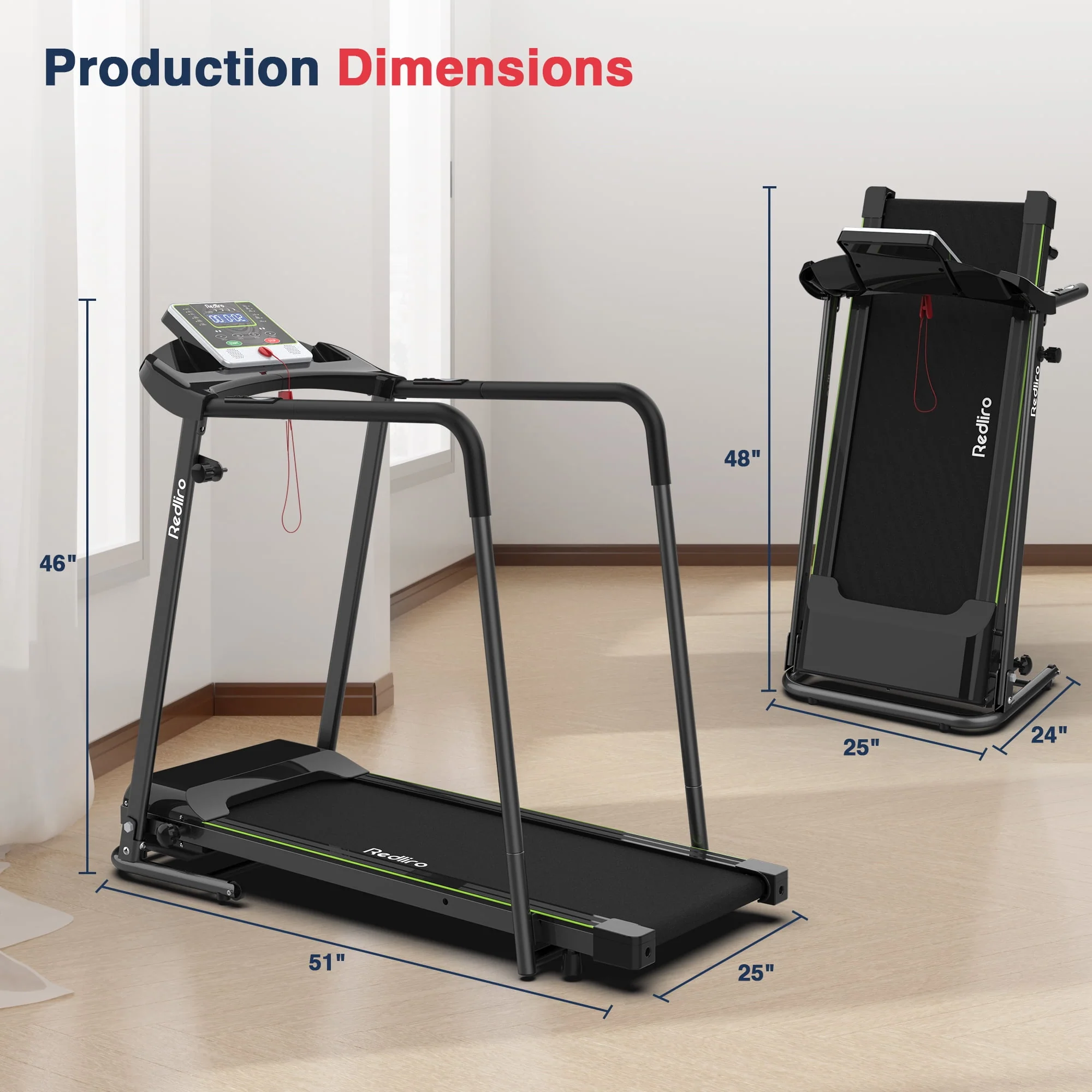 Redliro Folding Treadmill Walking Machine Heart Rate Sensor Handrails for Senior Recovery Home 2.25HP 300lbs