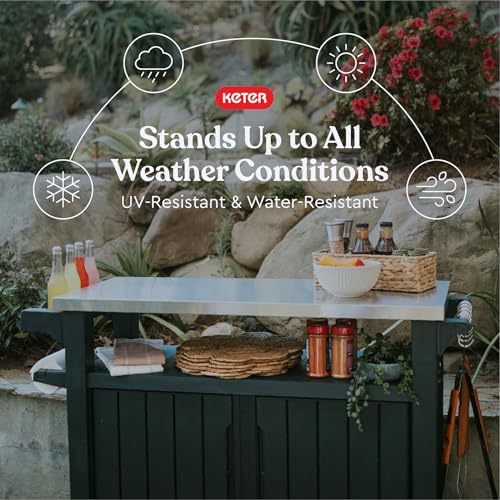 Keter Outdoor Rolling Table Cart for Food Prep, Storage, Bar & Grill, Dark Brown - Portable Kitchen Island Tabletop with Wheels for Drinks, Snacks