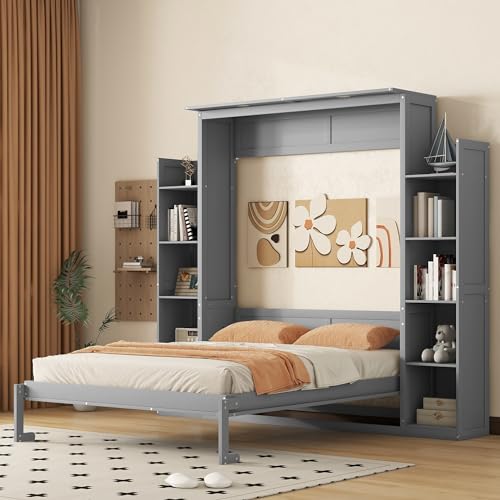 Ball & Cast Queen Size Murphy Bed,Murphy Bed Cabinet W/ 2 Five-Layer Cabinet,Hideaway Wall Bed W/LED Lights,Wood Hidden Bed Frame for Guest Room