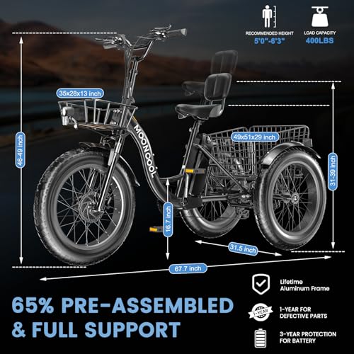 MOONCOOL Electric Tricycle for Adults, 20" x 4" Fat Tire Electric Trike, 48V 500W Motorized Electric Bicycle Bikes