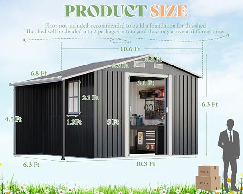 AMERLIFE 10.6x10.3x6.3 FT Metal Storage Shed with Sliding Doors Two 4-Pane Windows, Open Outdoor Shed for Wood Storage, Dark Grey/White