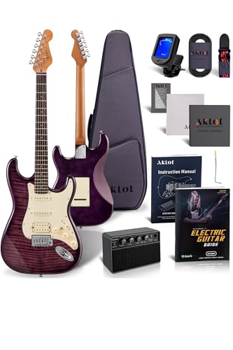 AKLOT Stryde Electric Guitar with Coil-Split: Roasted Maple Neck, Flame Maple Graphic Top, HSS Ceramic Pickups, Beginner Guitar Kit with 10W Amp