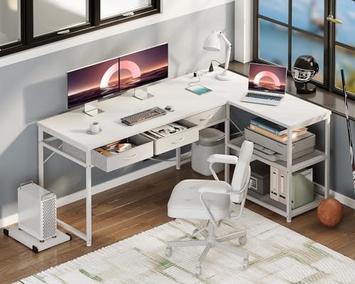 AODK 53 Inch L Shaped Computer Desk with Drawers, Corner Desk with Power Outlets & Reversible Storage Shelves