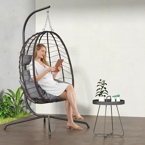 Hanging Egg Chair with Stand, Swinging Egg Chair Outdoor Indoor, Hanging Basket Chair with Cushion