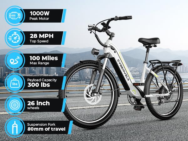 DriftGod 26" Electric Bike for Adults &ndash; Powerful 1000W Motor, 48V Removable Battery, 7-Speed, Front Suspension & LCD Display &ndash