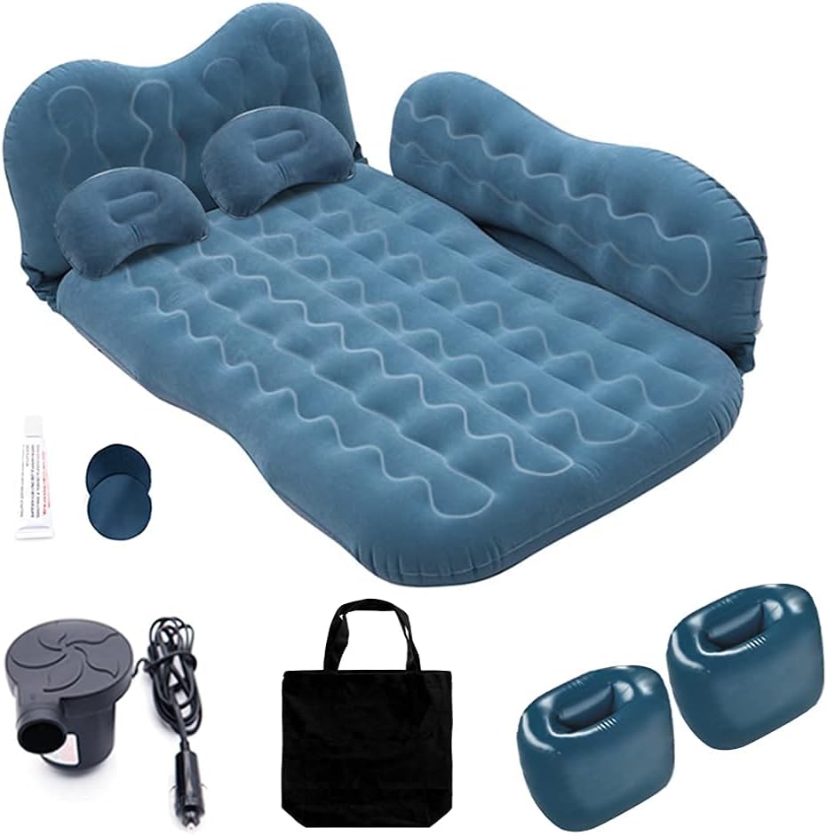 Inflatable Car Air Mattress with Pump, Pillows, Portable SUV Travel Bed for Back Seat, Universal Thickened Flocking Sleeping Pad for Truck, RV