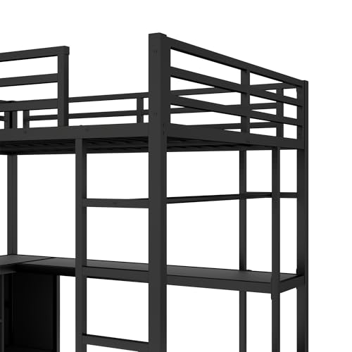 Bellemave Queen Size loft Bed with L Desk, Wardrobe, Metal Queen Loft Bed Frame for Adults, Kids, Teens, Black