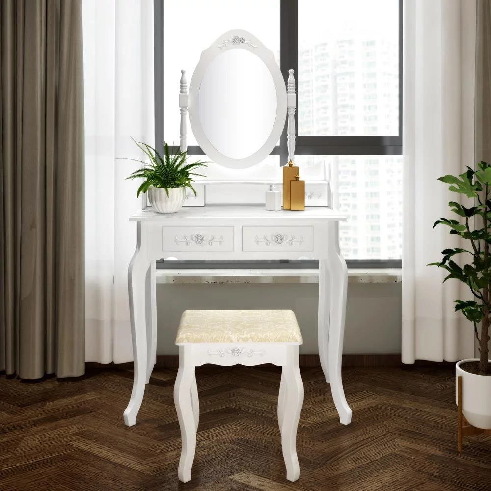 SamyoHome Vanity Table Set, Makeup Dressing Table with Mirror, Vanity Desk with Cushioned Stool 4 Drawers, White