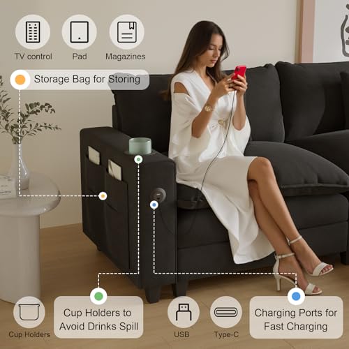 Modular Sectional Sofa, Cloud Couch with Ottoman, Charging Station, Throw Pillows, Cup Holders, Modern Convertible U Shaped Couches for Living Room