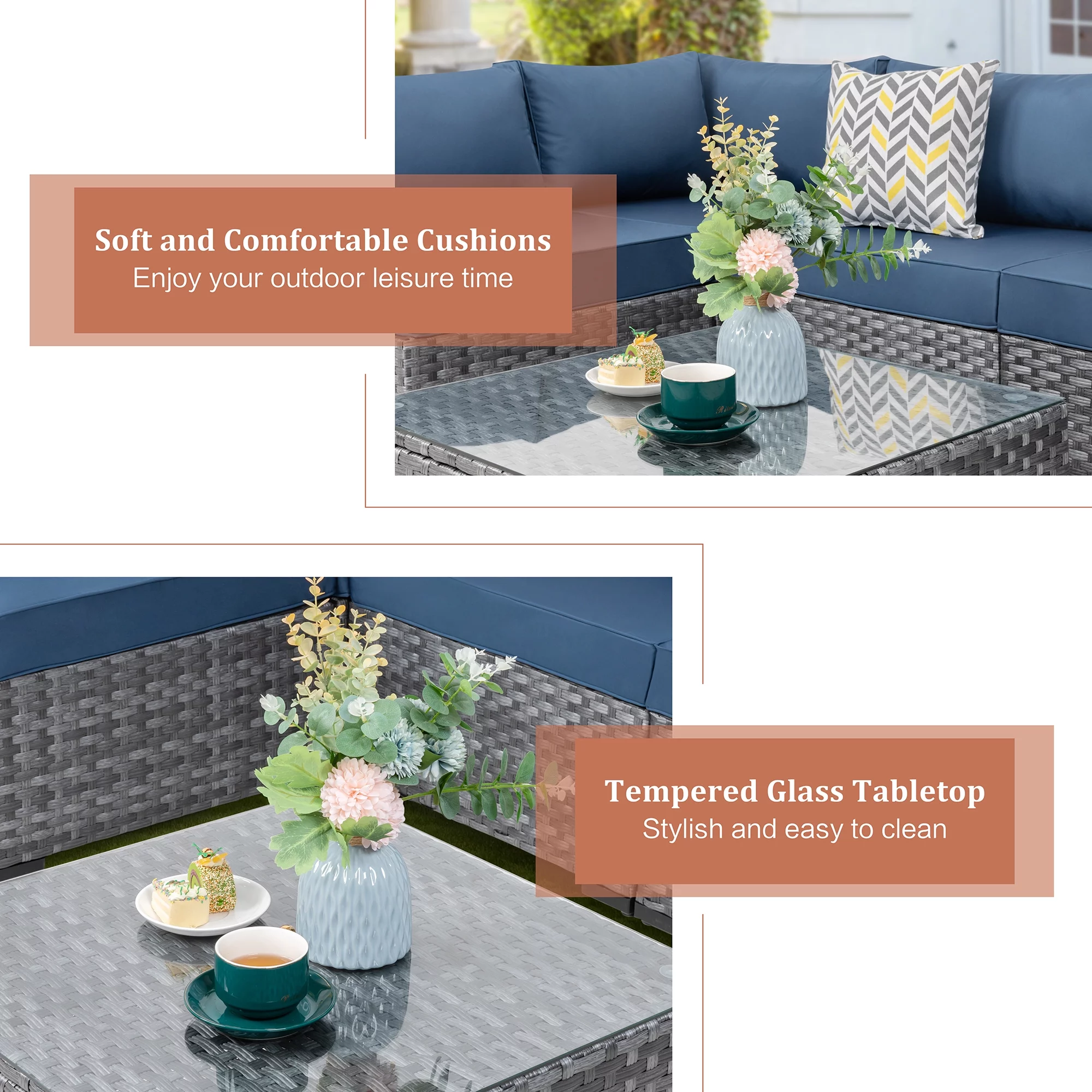 5 Pieces Patio Furniture Sets, Wicker Outdoor Sectional Furniture with Glass Table and Cushions, Rattan Patio Conversation Sets(Aegean Blue)