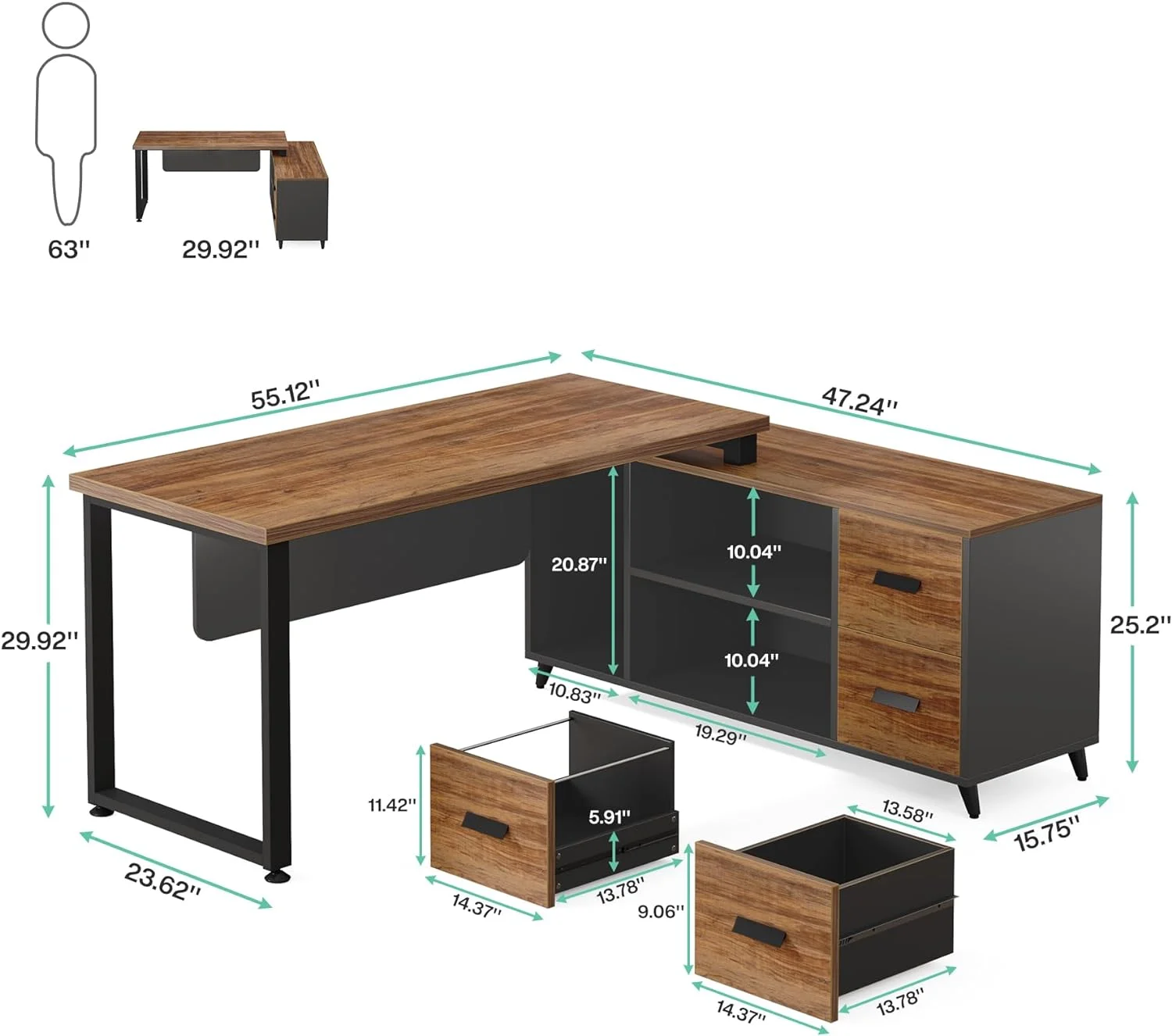 L Shaped Desk with File Drawer, 55 Inch Executive Office Desk with File Cabinet Storage Shelves