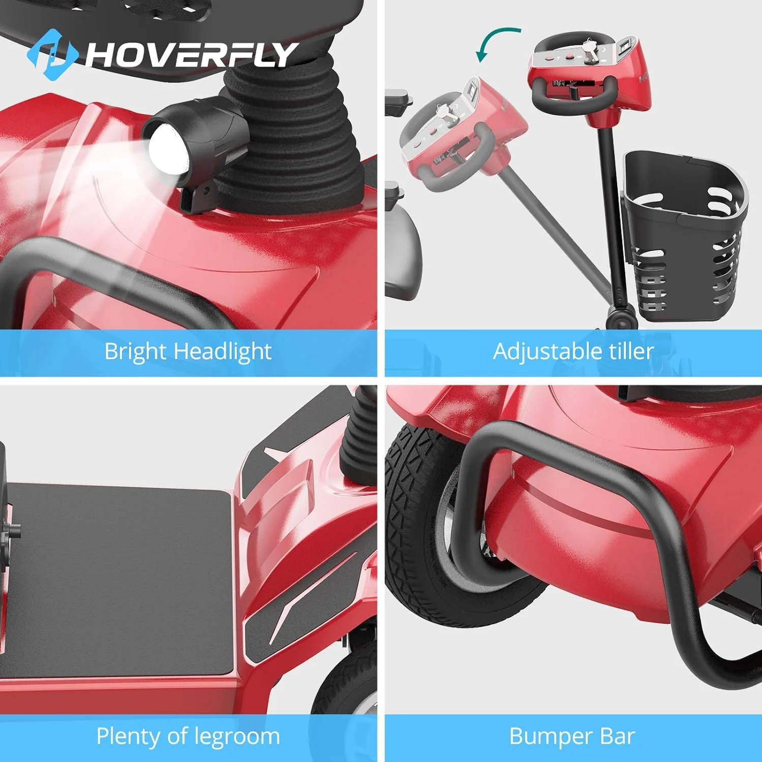 Hoverfly T4 Mobility Scooter for Elderly, 4 Wheel Mobility Compact Scooters for Seniors 330lbs with Lights Basket, Blue - Curated Treasures Market