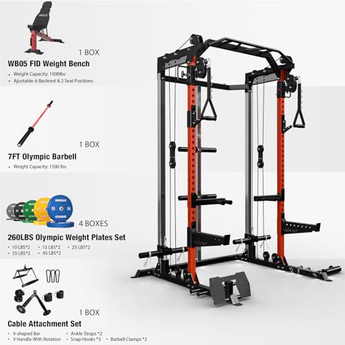 Mikolo Power Cage, 2000LB Power Rack with Independent Dual Pulley System, Multi-Function Home Gym Workout Machine for Cable Crossover