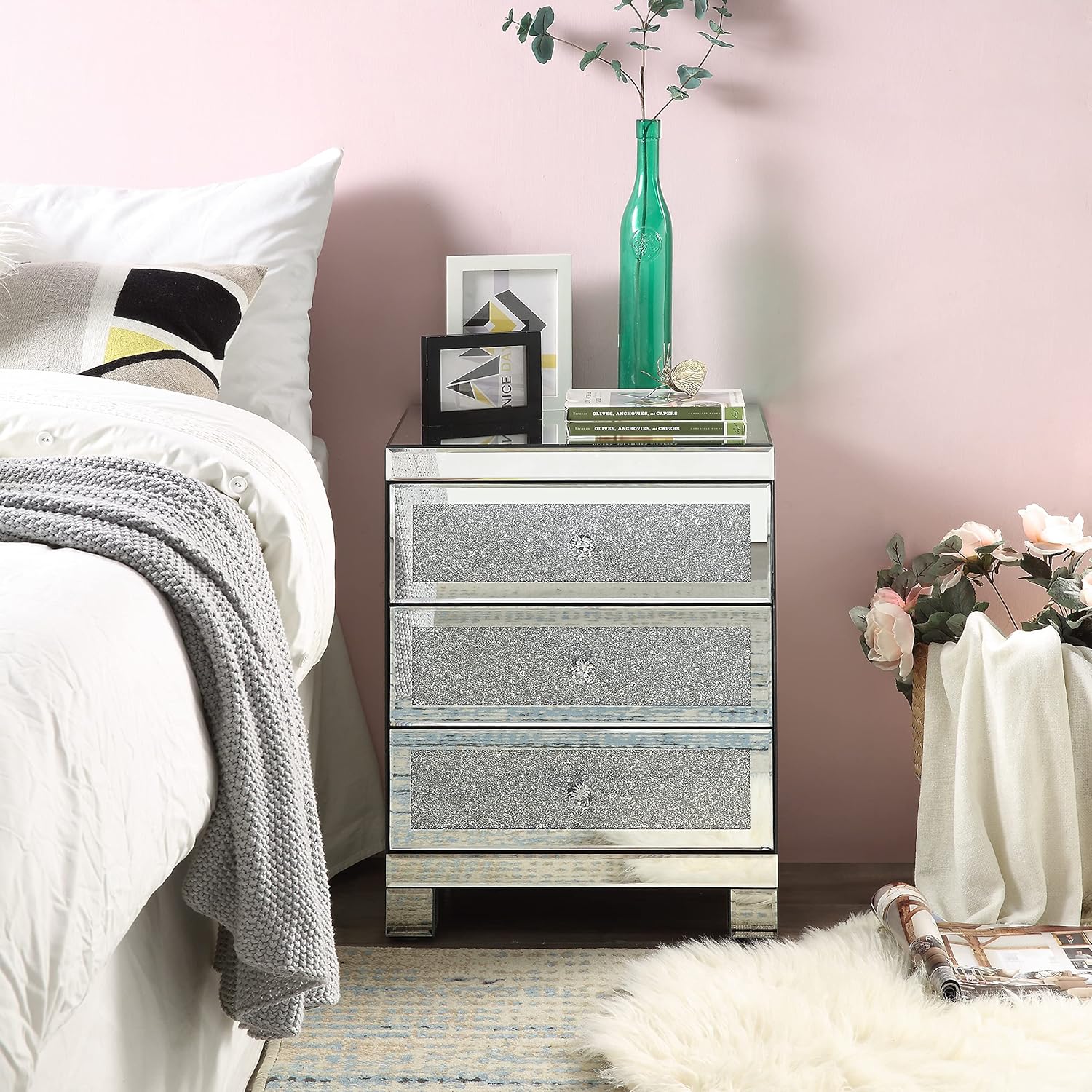 Mirrored Nightstand with 3 Drawers, Modern Small Crystal Diamond End Table Mirror Accent Silver Table