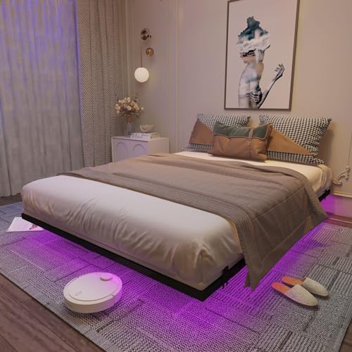 Floating Bed Frame Queen Size with LED Lights, Metal Platform Bed Frame, No Box Spring Needed, Easy Assembly, (Queen)