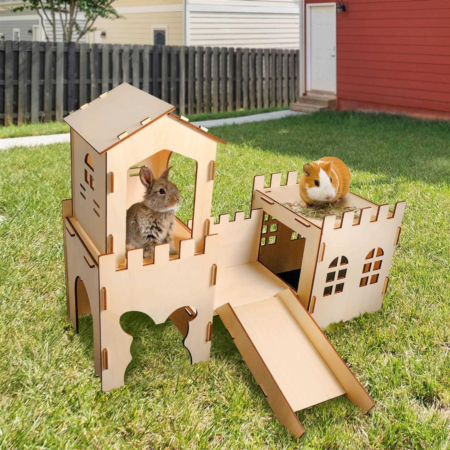 Extra Large Wooden Rabbit Castle Hideaway Tunnel and Bed Small Animal Hideaway Hut Solid Safe Construction Play Hideaway Hut for Rabbit Guinea Pig