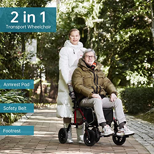 ELENKER All-Terrain 2 in 1 Rollator Walker & Transport Chair, Folding Wheelchair with 10” Non-Pneumatic Wheels for Seniors