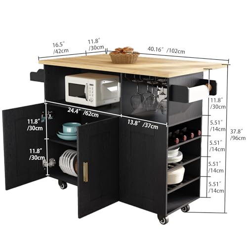Rolling Mobile Kitchen Island Cart with Desktop Drop Leaf Countertop, Island Table Storage with 5 Wheels