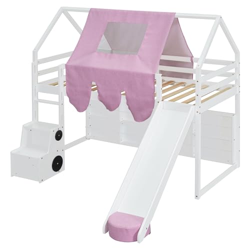 Harper & Bright Designs Kids Twin Low Loft Bed with Slide and Storage Shelves, Wood Playhouse Loft Bed Frame with a Tent & Stairs