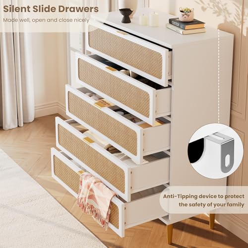 Rattan 5 Drawer Dressers for Bedroom, Tall Dresser with Deep Drawers, Large Chest of Drawers for Closet with Wide Top