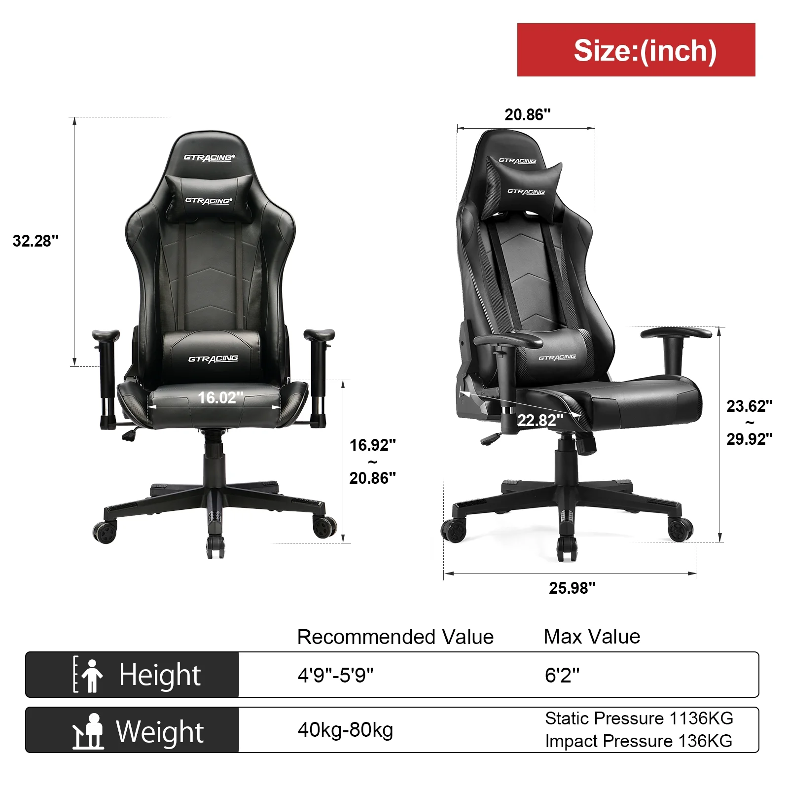 GTRACING Gaming Chair Racing Office Computer Ergonomic Video Game Chair Backrest and Seat Height Adjustable Swivel Recliner with Headrest and Lumbar