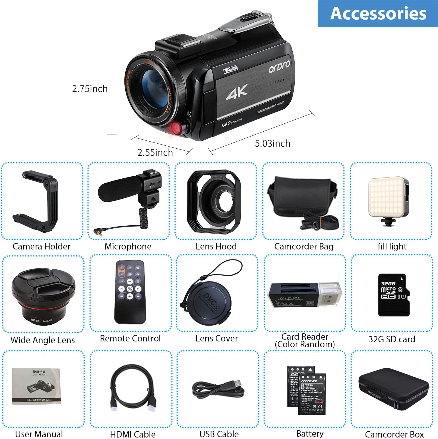 4K Video Camcorder ORDRO AZ30 1080P 60FPS Camera for YouTube, UHD 3'' IPS Screen 30X Zoom Infrared Night Vision Camcorder