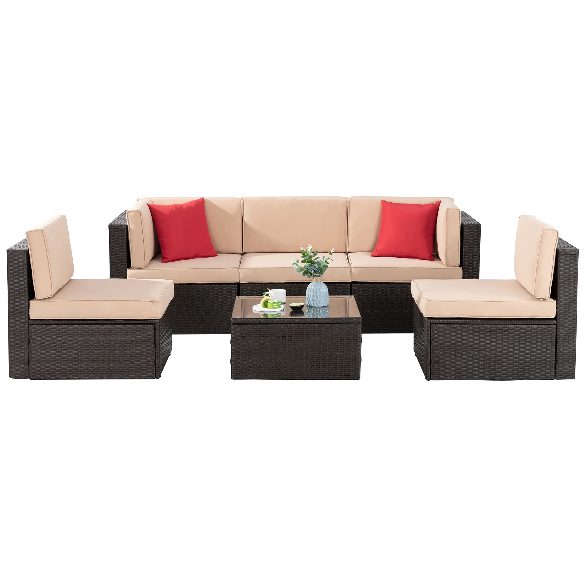 Walsunny 6 Pieces Patio Furniture Sets Outdoor All-Weather Sectional Patio Sofa Set PE Rattan Manual Weaving Wicker Patio Conversation Set Beige