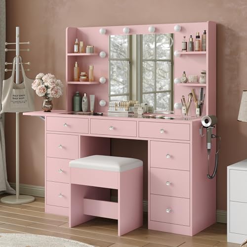 Vanity Desk & Power Outlet, Makeup Vanity with Mirror and 10 LED Lights, 3 Lighting Modes Brightness Adjustable