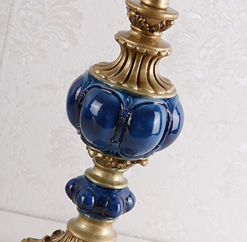 Victorian Style Table Lamp Blue Fabric Lampshade Hand-Made Antique Varnished Resin Lampbody Small Lamp for Living Room Bedroom,13 in W, 21.6 in H (Q2)