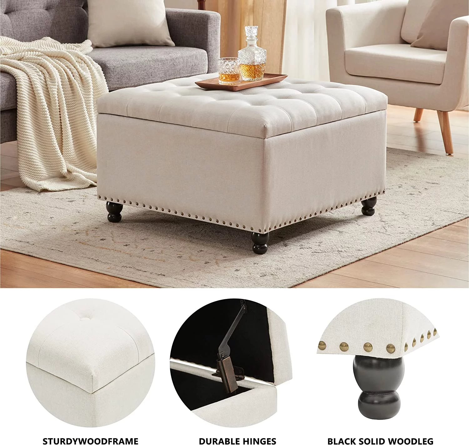 Large Square Storage Ottoman Bench, Tufted Coffee Table Ottoman with Storage, Oversized Storage Ottomans Toy Box Footrest for Living Room, Black