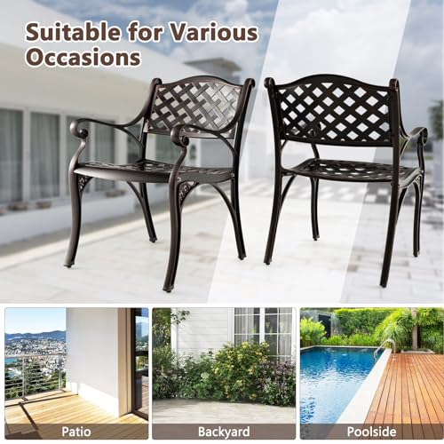 Giantex Cast Aluminum Patio Chairs Set of 2, All Weather Outdoor Dining Chairs w/Armrests and Curved Seats, Heavy Duty Metal Bistro Chairs for Porch