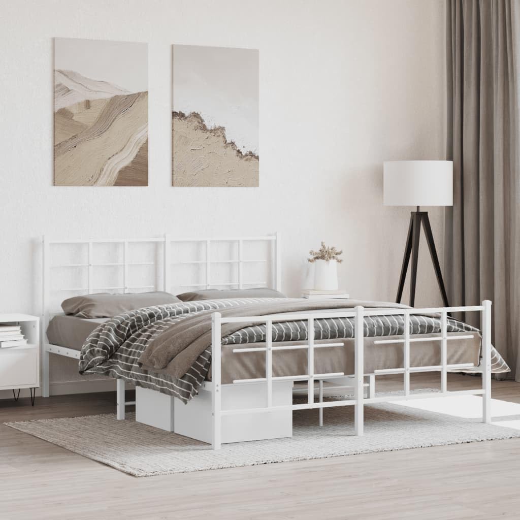 vidaXL White Steel Metal Bed Frame-Double Bed with Headboard/Footboard-81.5" x61.4 x35.4 | Modern Bedroom Furniture