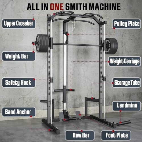 OPPSDECOR Power Cage, Multi-Function Power Rack with Adjustable Cable Pulley System, Squat Rack with Pull-up Bar, J-Hooks