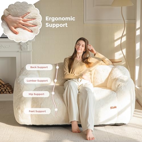 MAXYOYO Bean Bag Chair for Adults, Floral Shaped Bean Bag Sofa, Ultra Soft Faux Fur Floor Sofa, Large Reading Chair for Living Room Bedroom, Beige