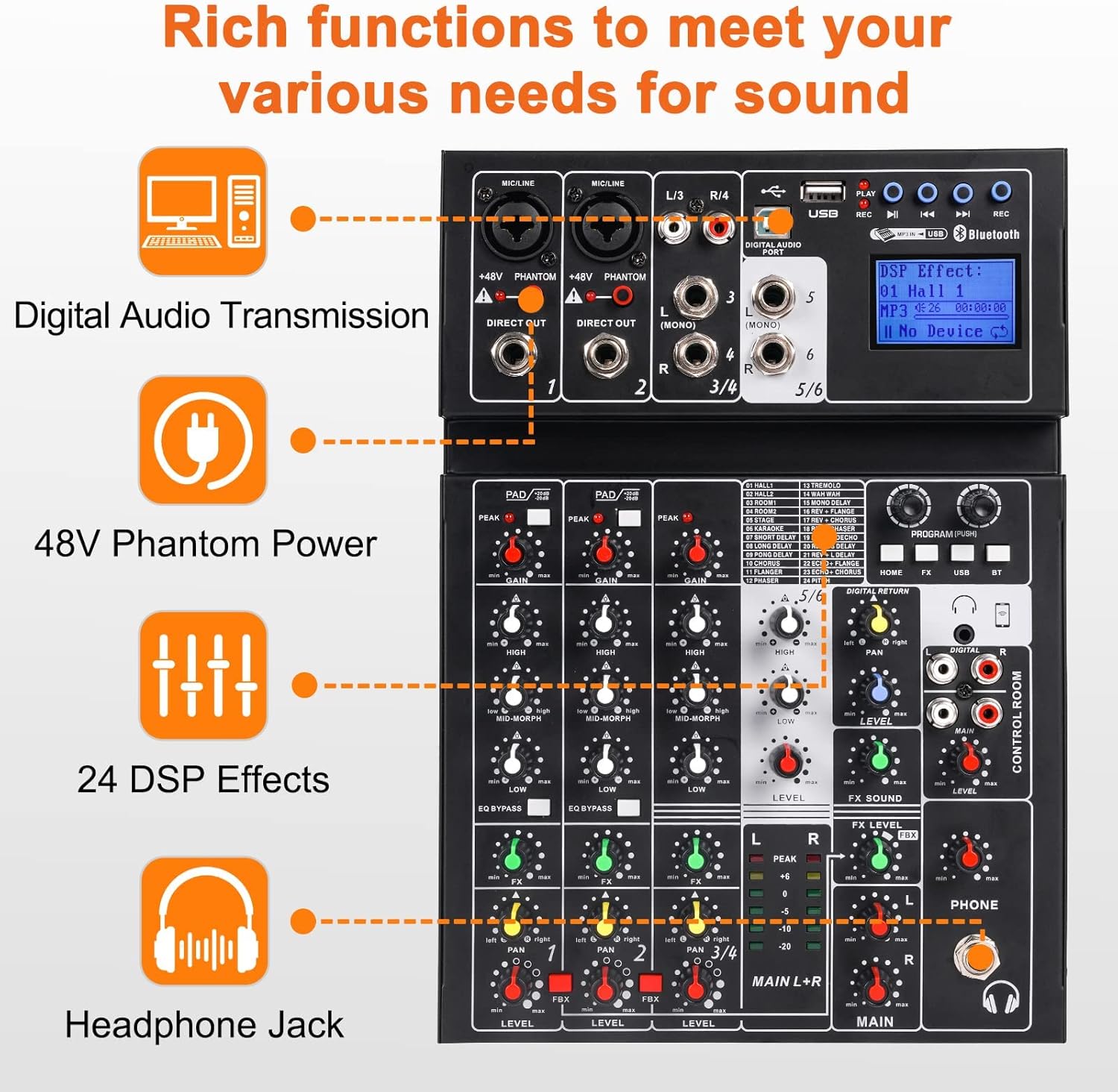 Audio Mixer Sound Board Console 6 Channel Sound Mixer Support Digital USB MP3 Computer Wireless Input with 48V Phantom Power for Professional and