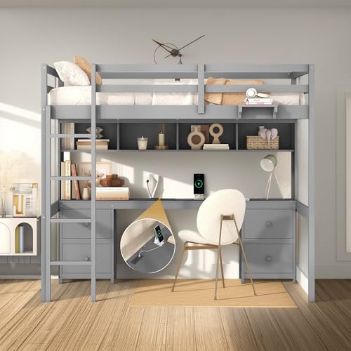 Full Size Loft Bed with L-Shaped Desk, Wardrobe and Storage Shelves, Solid Wood Bedframe w/Safety Guardrails & Ladder for Kids Teens Adults