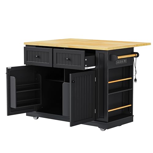 Ball & Cast 48" Large Kitchen Island with Power Outlet,Rolling Kitchen Cart on 5 Wheels W/Drop Leaf and 5 Open Side Racks