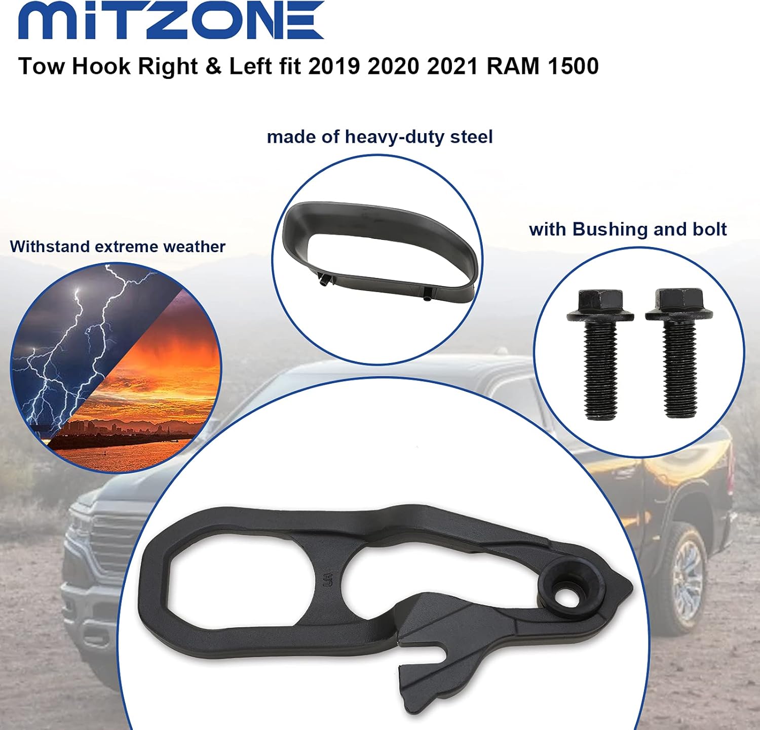 MITZONE Front Tow Hooks Right & Left with Bushing Compatible with 2019 2020 2021 2022 RAM 1500 Replace 68272944AB 68272945AB