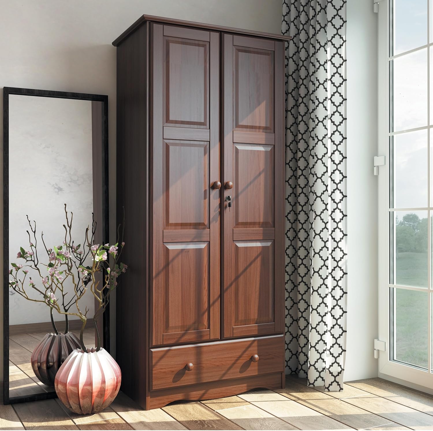 Palace Imports 100% Solid Wood Flexible Wardrobe Armoire with Metal or Wooden Knobs Mocha Stained, Mahogany Finish