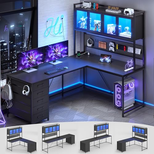SEDETA L Shaped Gaming Desk with Drawers, L Shaped Computer Desk with Hutch and Storage Shelves, Gaming Desk with Pegboard, Led Lights