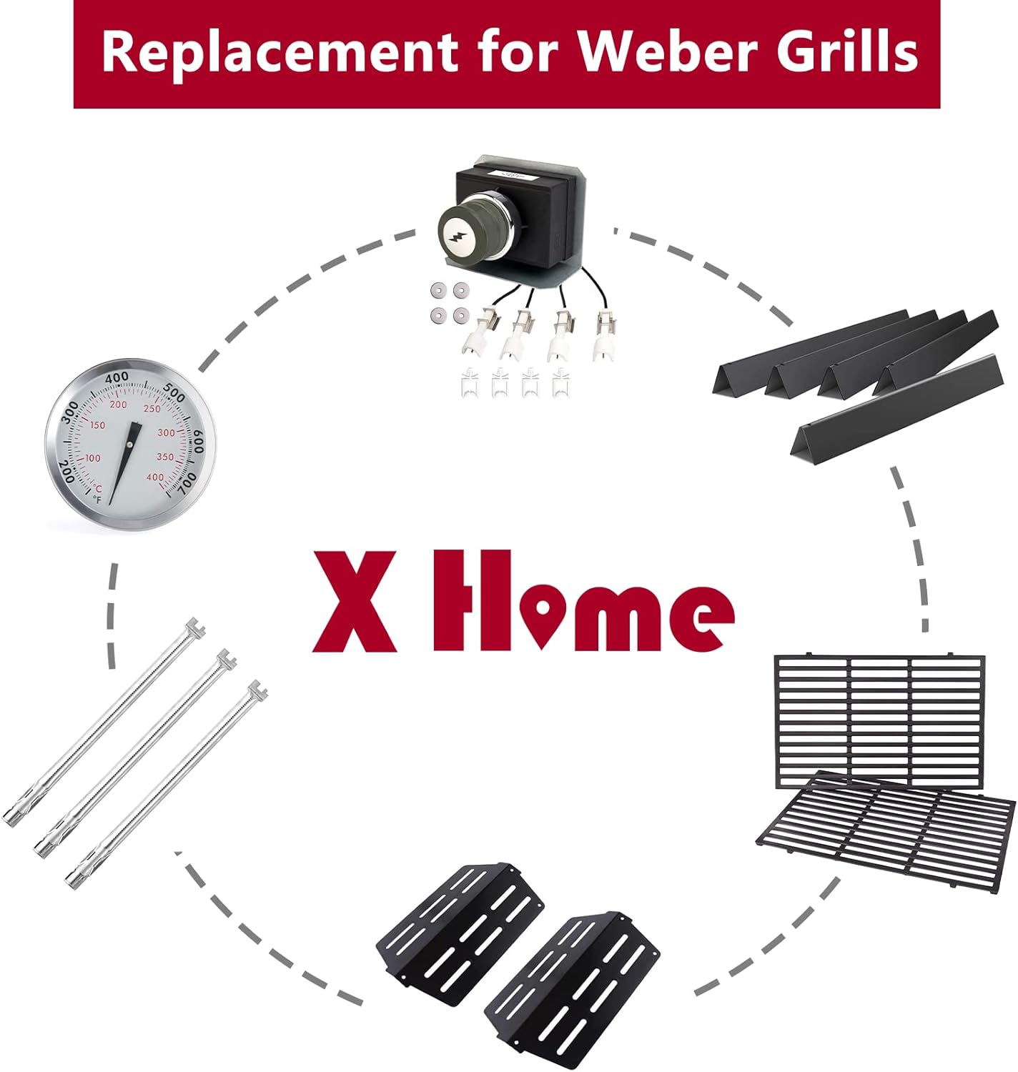 X Home Grill Grates Replacement for Weber Genesis E-310 E-330, Genesis 300 Series Gas Grill Replacement Parts, Cast Iron, 19.5 x 12.9 Inch, 2-Pack