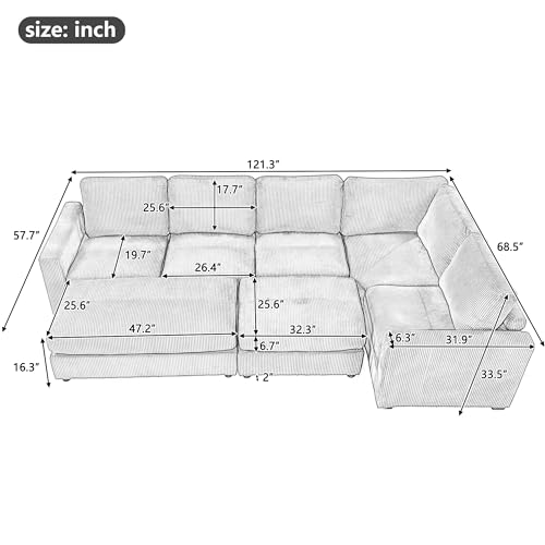 Merax 121.3" Sectional Corduroy Sofa Bed, L-Shape & U-Shape 7 Seat Deep Seating Modular Soft Couch with Two Movable Ottomans for Living Room, Gray