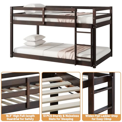 Bunk Bed Twin Over Twin, Wood Low Profile Floor Twin Bunk Beds with Ladder Guardrails for Kids Boys and Girls, No Box Spring Needed