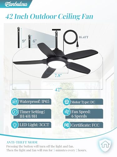 42 Inch Waterproof Outdoor Ceiling Fan with Lights and Remote,IP65 Hanging Gazebo Fan with 3CCT 6-Speed DC Motor