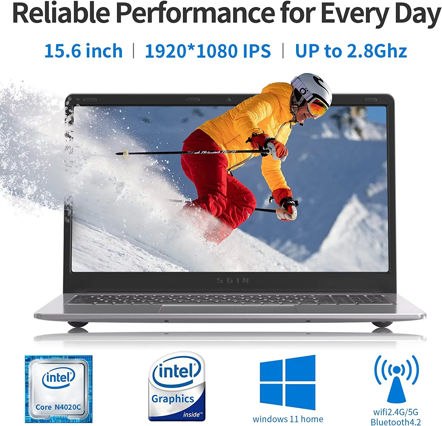 SGIN 15.6inch Laptop 4GB DDR4 128GB SSD Windows 11 with 4 Core Intel Celeron, HD 1366*768 IPS
