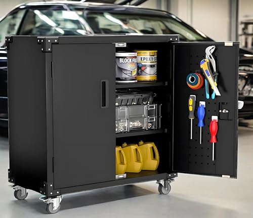 Metal Storage Cabinet, Rolling Tool Cabinet with 2 Adjustable Shelves and Locks & 4 Wheels, Heavy Duty & Rust Resistant Tool Cart
