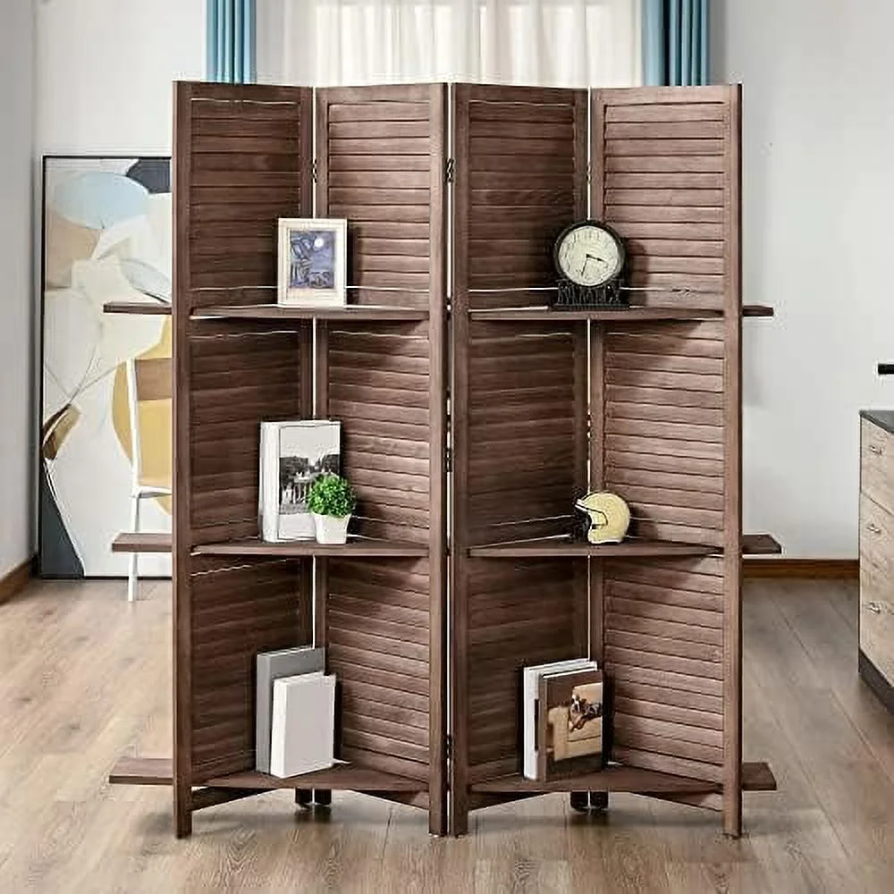 HOOMHIBIU 4-Panel Folding Room Divider  5.6 Ft Freestanding Paulownia Wood Privacy Screen Panel with  Shelves for Bedroom or Office  Walnut
