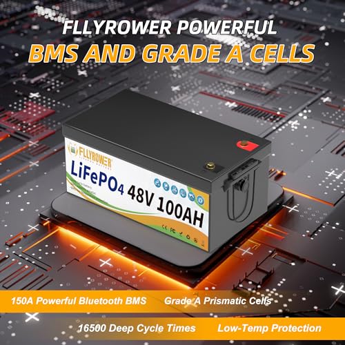 FLLYROWER 12V Lithium Battery 100AH With BMS and 16500 Deep Cycles 12V 100AH Lifepo4 Battery Grade A Cells for Marine Trolling Motor RV camping Solar