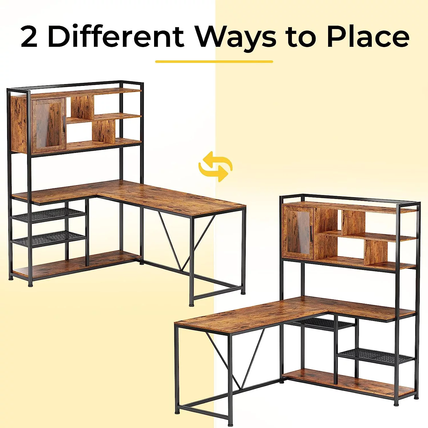 L Shaped Gaming Desk with LED Lights and Bookshelf, 58" Brown Home Office Desk Reversible Corner Computer Desk Table with Storage Shelves