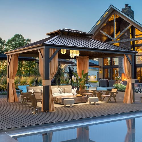 MELLCOM 10'x13' Hardtop Gazebo with Polycarbonate Double Roof, Aluminum Frame Outdoor Gazebo Permanent Pavilion with Curtains and Netting for Patio